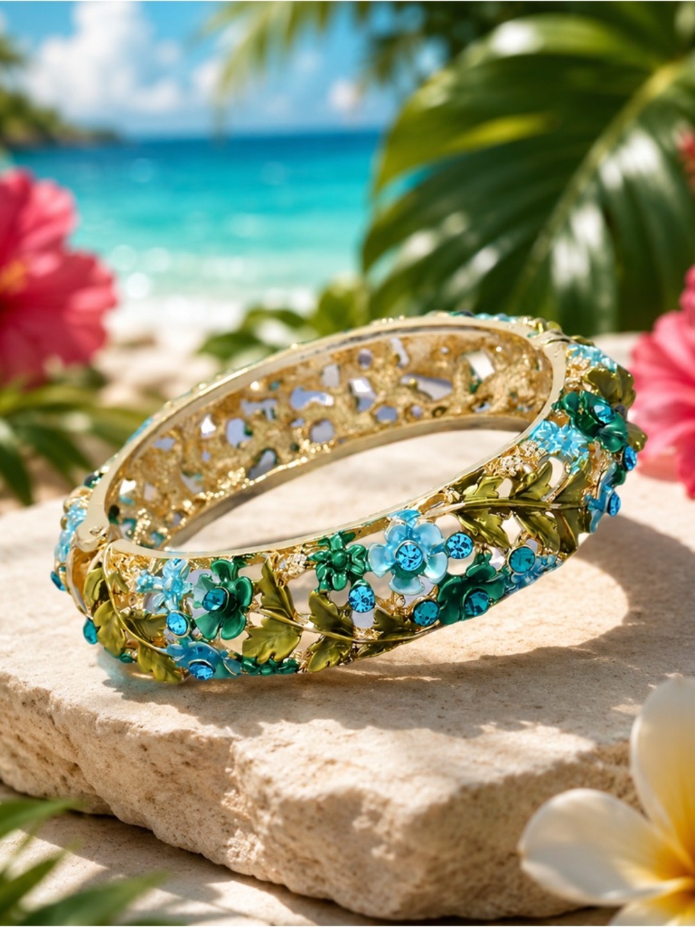 Gold-Tone Turquoise & Emerald Floral Crystal Bangle Bracelet